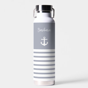 Dusty Blue und White Stripes Nautic Personalisiert Trinkflasche