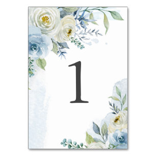 Dusty Blue und White Water Color Blume Hochzeit Tischnummer