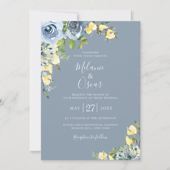 Dusty Blue und Yellow Botanical Floral Wedding Einladung (Vorderseite)