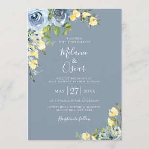 Dusty Blue und Yellow Botanical Floral Wedding Einladung