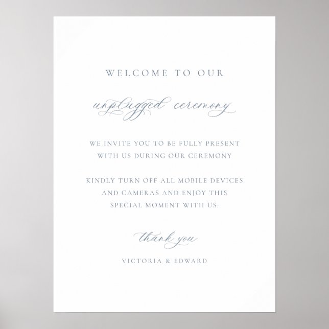 Dusty Blue Unplugged Zeremony Wedding Sign Poster (Vorne)