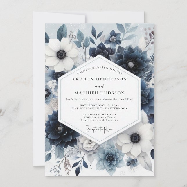 Dusty Blue Vesperal Bloom Wedding Einladung (Vorderseite)