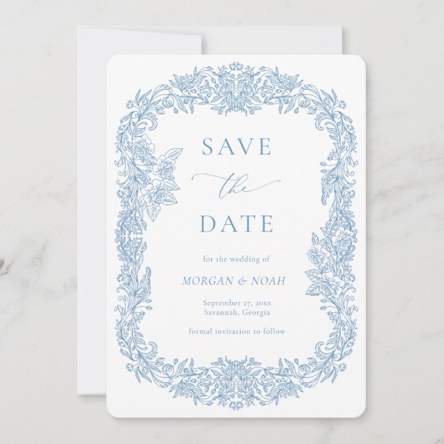 Dusty Blue Vintag Baroque Save the Date Einladung (Vorderseite)