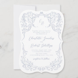 Dusty Blue Vintag Blüh Monogram Wedding Einladung