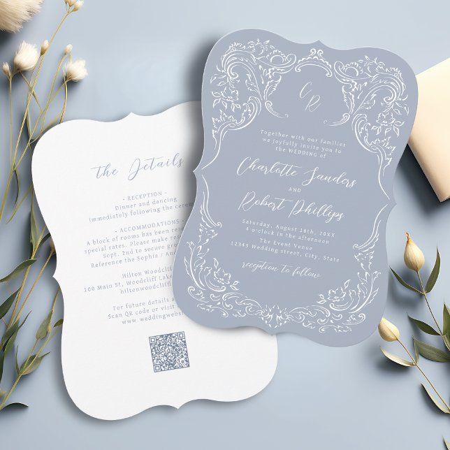 Dusty Blue Vintag Blüh Monogram Wedding Einladung (Dusty Blue Vintage Flourish Monogram Wedding Invitation)