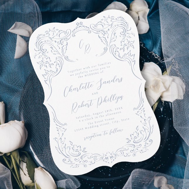 Dusty Blue Vintag Blüh Monogram Wedding Einladung (Dusty Blue Vintage Flourish Monogram Wedding Invitation)