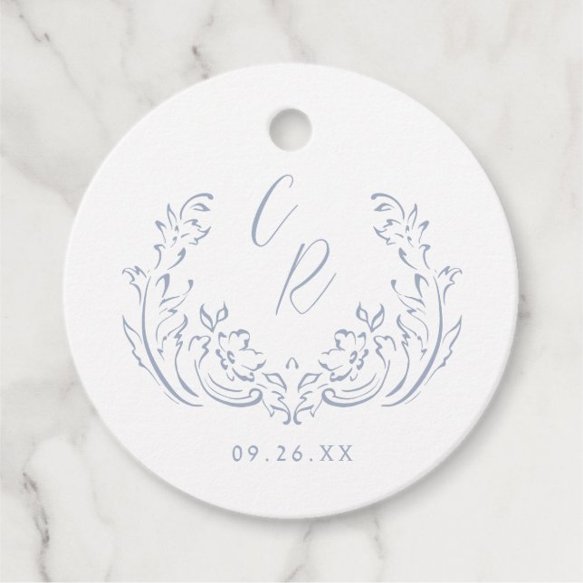 Dusty Blue Vintag Blüh Monogram Wedding Geschenkanhänger (Vorderseite)