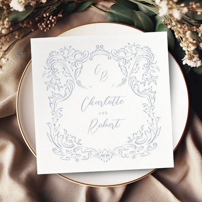 Dusty Blue Vintag Blüh Monogram Wedding Serviette (Dusty Blue Vintage Flourish Monogram Wedding Napkins)
