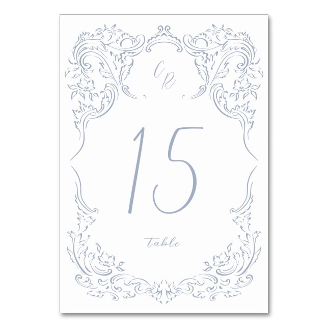 Dusty Blue Vintag Blüh Monogram Wedding Tischnummer (Vorderseite)