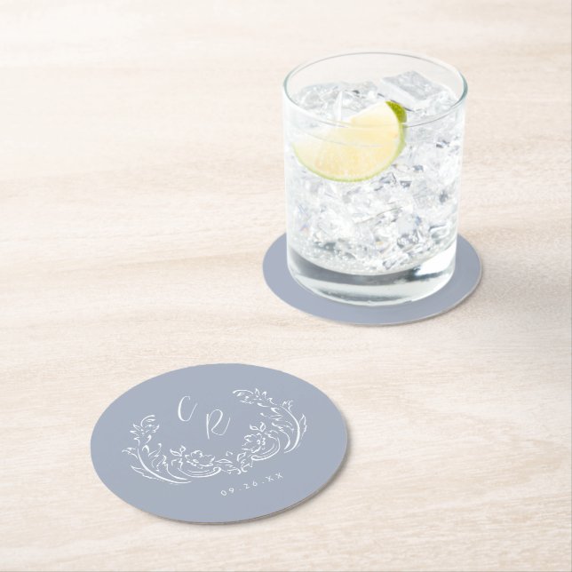 Dusty Blue Vintag Blüh Wedding Monogram Runder Pappuntersetzer (Vor Ort)