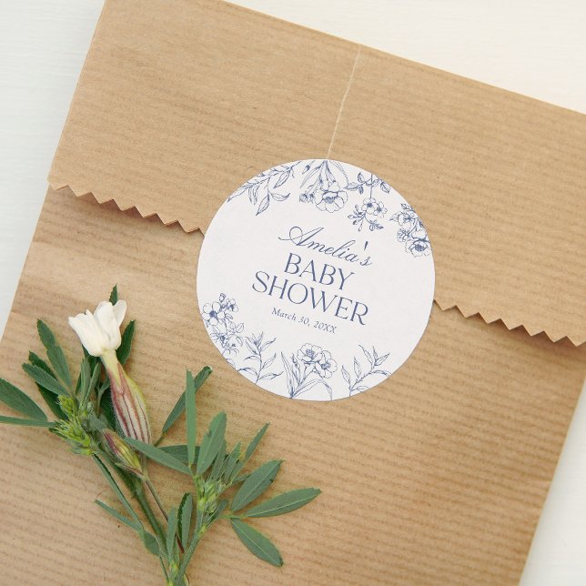 Dusty Blue Vintag Chinoiserie Babydusche Runder Aufkleber (Von Creator hochgeladen)