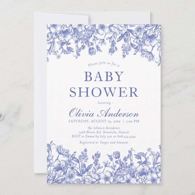 Dusty Blue Vintag Floral Chinoiserie Babydusche Einladung (Vorderseite)