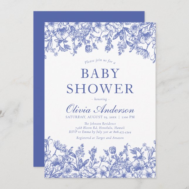 Dusty Blue Vintag Floral Chinoiserie Babydusche Einladung (Vorne/Hinten)