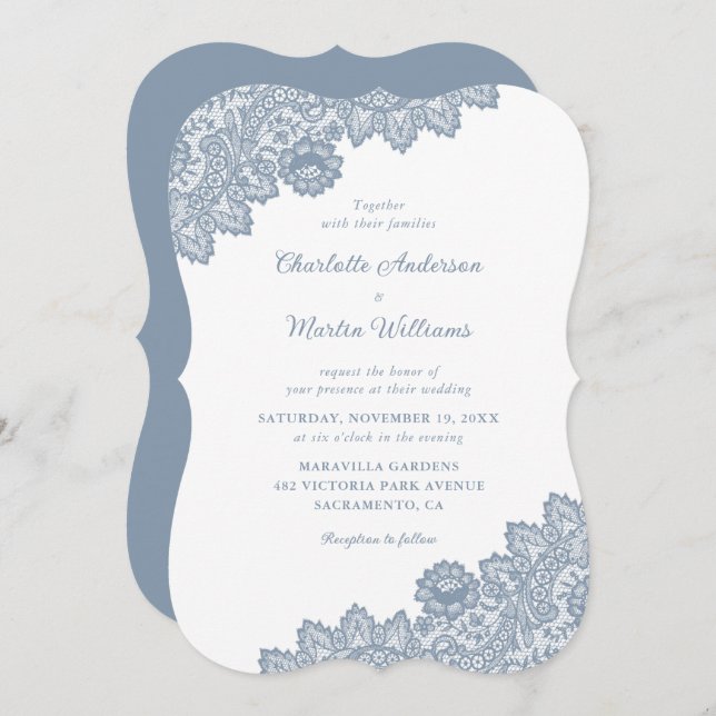 Dusty Blue Vintag Floral Lace Wedding Einladungen (Vorne/Hinten)