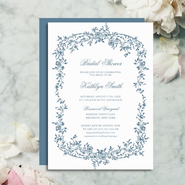 Dusty Blue Vintag Floral Script Brautparty Einladung (Von Creator hochgeladen)