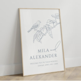 Dusty Blue Vintag Floral Songbird Wedding Willkomm Poster