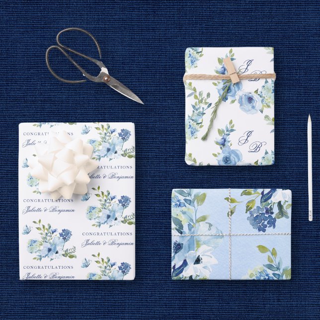 Dusty Blue Vintag Floral Wedding Geschenkpapier Set (This dusty blue, floral wedding gift wrap provides space for the bride and groom's names & monograms)