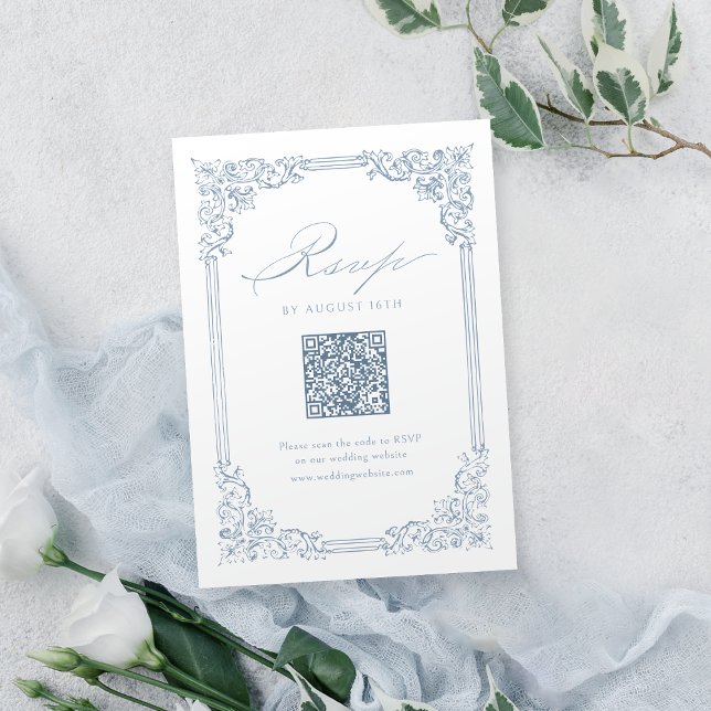 Dusty Blue Vintag Frame Elegant QR Code Wedding RSVP Karte (Dusty Blue Vintage Frame Elegant QR Code Wedding RSVP Card)