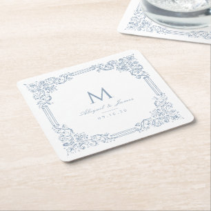 Dusty Blue Vintag Frame Elegant Wedding Monogram Rechteckiger Pappuntersetzer