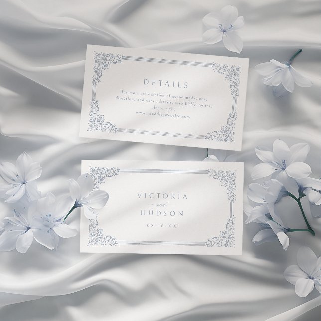 Dusty Blue Vintag Frame Elegante Hochzeitdetails Platzkarte (Dusty Blue Vintage Frame Elegant Wedding Details Place Card)