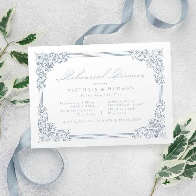 Dusty Blue Vintag Frame Elegante Probe Abendessen Einladung (Dusty Blue Vintage Frame Elegant Rehearsal Dinner Invitation)