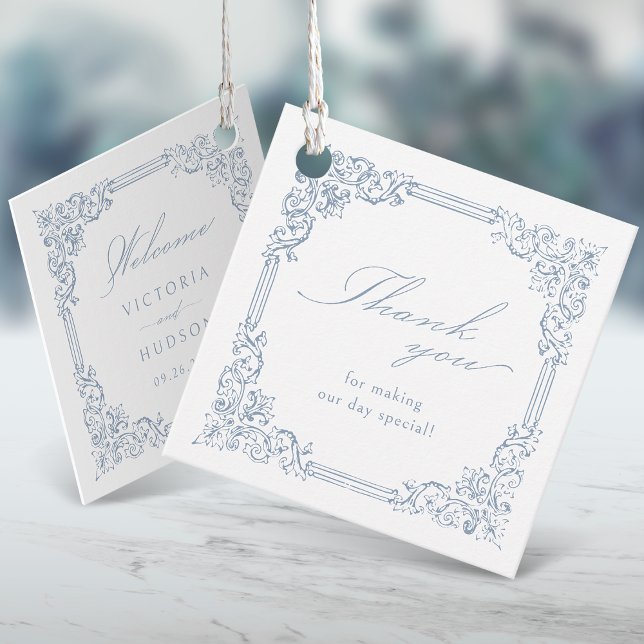 Dusty Blue Vintag Frame Elegante Script Wedding Geschenkanhänger (Dusty Blue Vintage Frame Elegant Script Wedding Favor Tags)