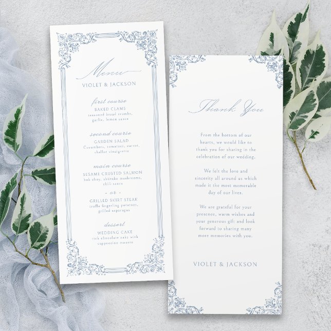 Dusty Blue Vintag Frame Elegante Script Wedding Menükarte (Dusty Blue Vintage Frame Elegant Script Wedding Menu)