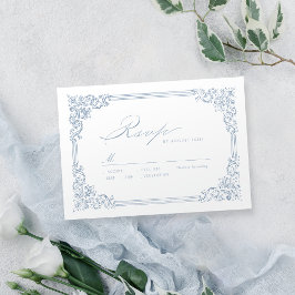Dusty Blue Vintag Frame Elegante Script Wedding RSVP Karte