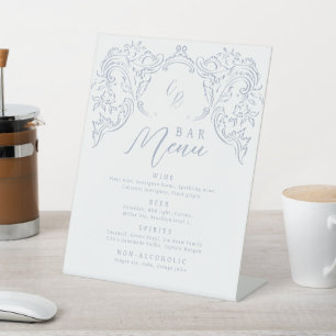 Dusty Blue Vintag Geblüht Monogram Bar Menu Sockelschild