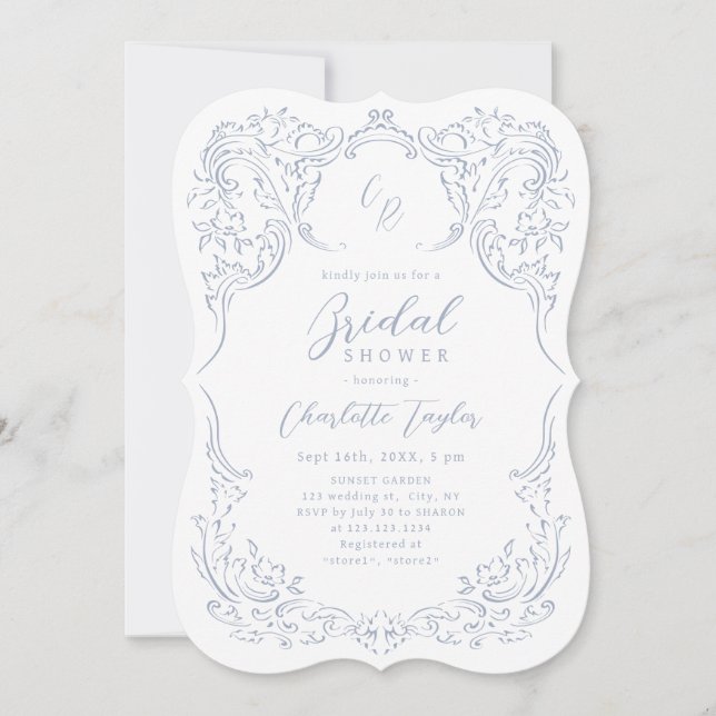 Dusty Blue Vintag Monogram Brautparty Einladung (Vorderseite)