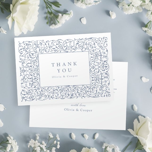 Dusty Blue Vintag Verziert Frame Classic Wedding Dankeskarte (Dusty Blue Vintage Ornate Frame Classic Wedding Thank You Card)