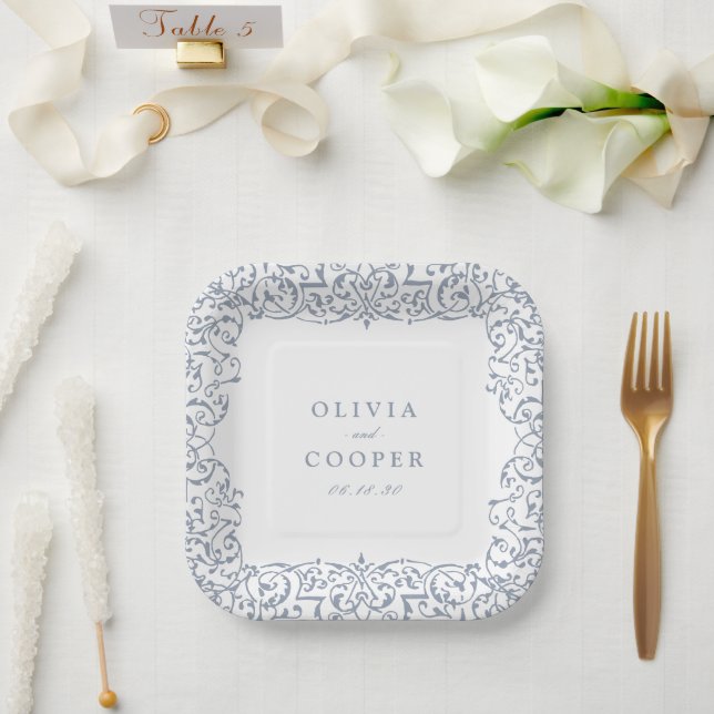 Dusty Blue Vintag Verziert Frame Classic Wedding Pappteller (Hochzeit)