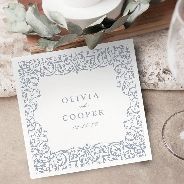 Dusty Blue Vintag Verziert Frame Classic Wedding Serviette (Dusty Blue Vintage Ornate Frame Classic Wedding Napkins)