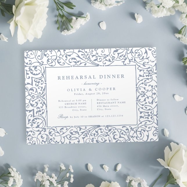 Dusty Blue Vintag Verziert Frame Probe Dinner Einladung (Dusty Blue Vintage Ornate Frame Rehearsal Dinner Invitation)