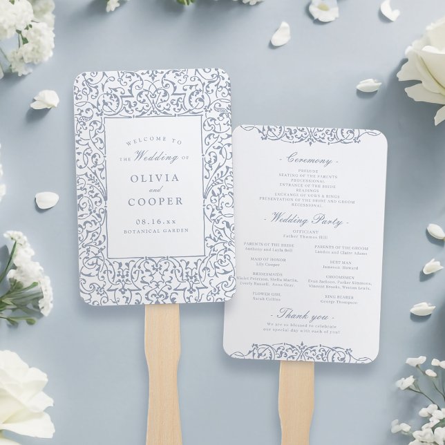 Dusty Blue Vintag Verziert Frame Wedding Program Fächer (Dusty Blue Vintage Ornate Frame Wedding Program Hand Fan)