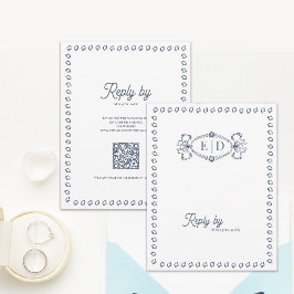 Dusty Blue Vintage Monogram QR Code Wedding RSVP Karte