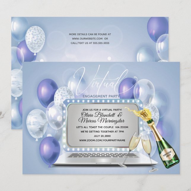 Dusty Blue Virtual Verlobung Celebration Laptop Einladung (Vorne/Hinten)