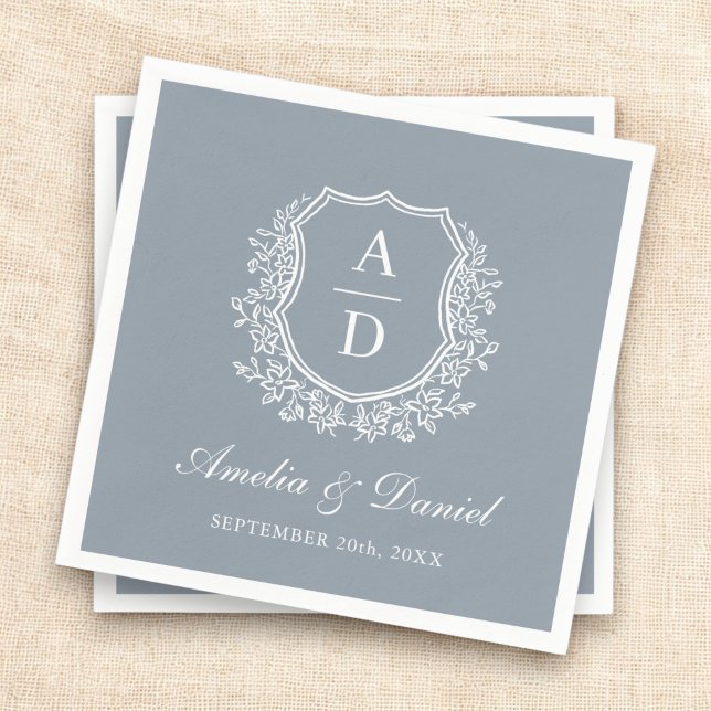 Dusty Blue Wappen Elegant Monogram Wedding Serviette (Von Creator hochgeladen)