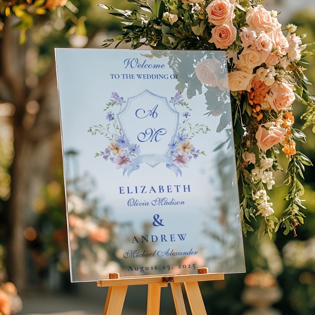 Dusty Blue Wappen Floral Wedding Acrylschild (Von Creator hochgeladen)