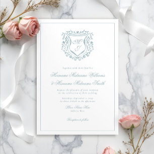 Dusty Blue Wappen Monogram Elegant Classy Wedding Einladung