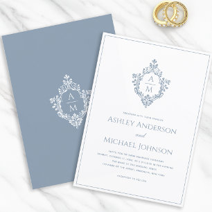 Dusty Blue Wappen Monogram Formal Elegante Hochzei Einladung