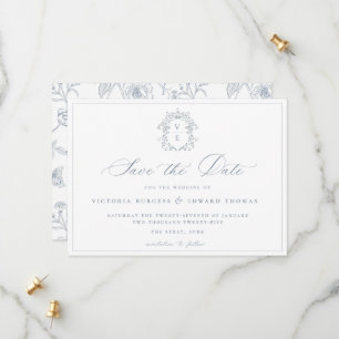 Dusty Blue Wappen Monogram Wedding QR Code Save The Date