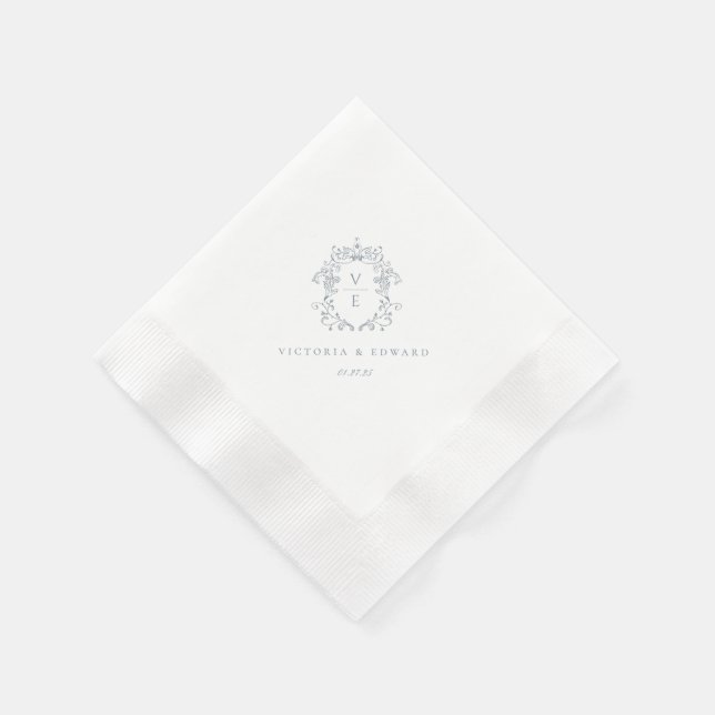 Dusty Blue Wappen Monogram Wedding Serviette (Ecke)