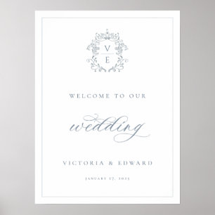 Dusty Blue Wappen Monogram Wedding Welcome Poster