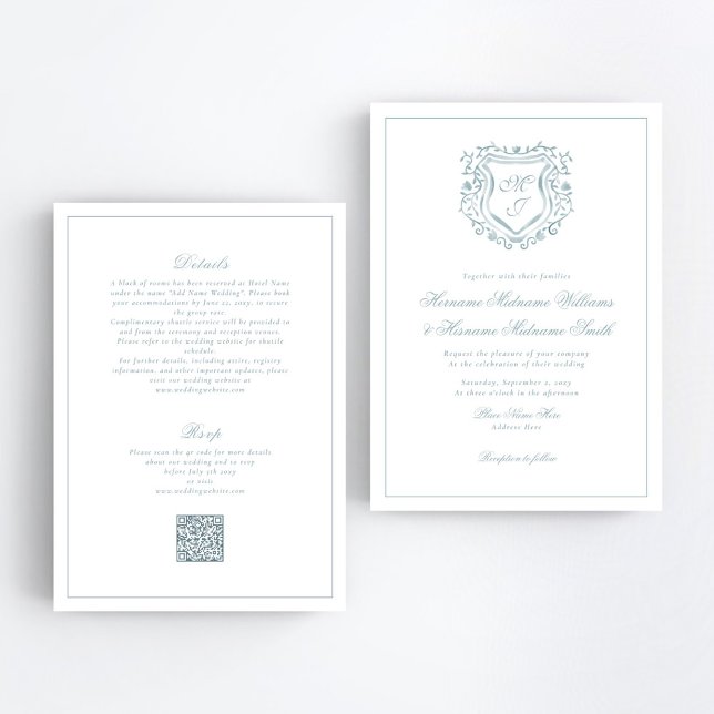 Dusty Blue Wappen QR UAWG All-in-One Hochzeit Einladung (Von Creator hochgeladen)