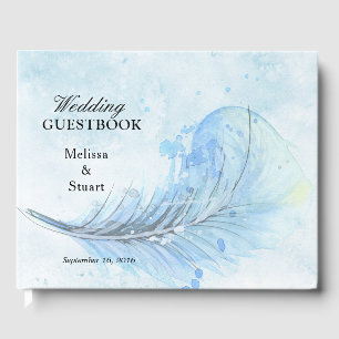 Dusty Blue Wassercolor bemalt Feather Wedding Gästebuch