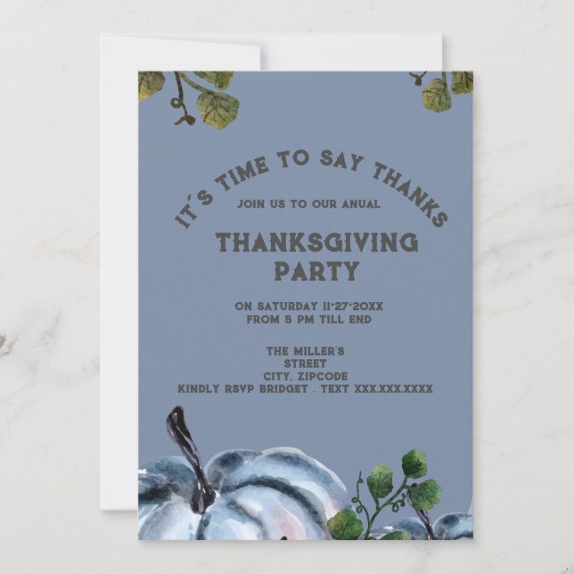 Dusty Blue Wassercolor Kürbis Erntedank Party (Vorderseite)