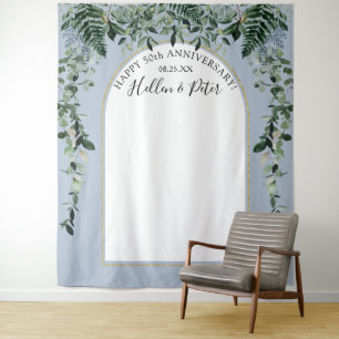 Dusty blue water color foliage Modern arch backdro Wandteppich