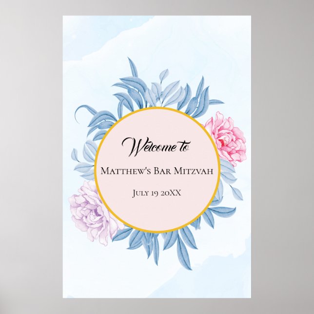 Dusty Blue Watercolor Bar Bat Mitzvah Willkommen Poster (Vorne)