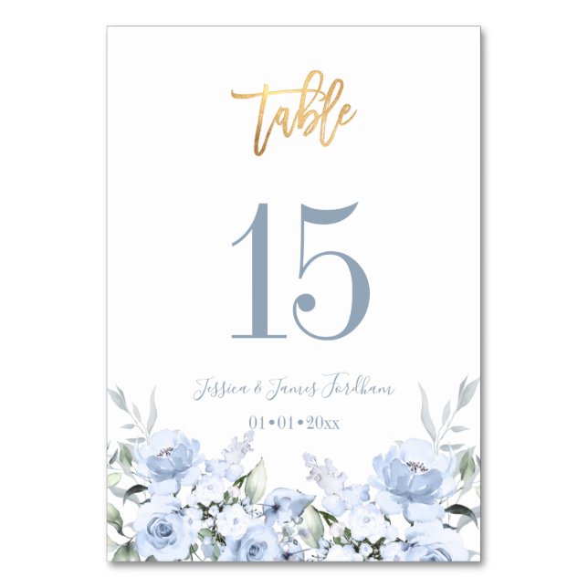 Dusty Blue Watercolor Blume Hochzeit Tischnummer (Vorderseite)
